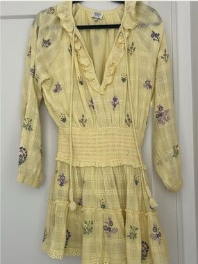 Smocked Waist Yellow Floral Mini Dress with Ruffle V-Neck